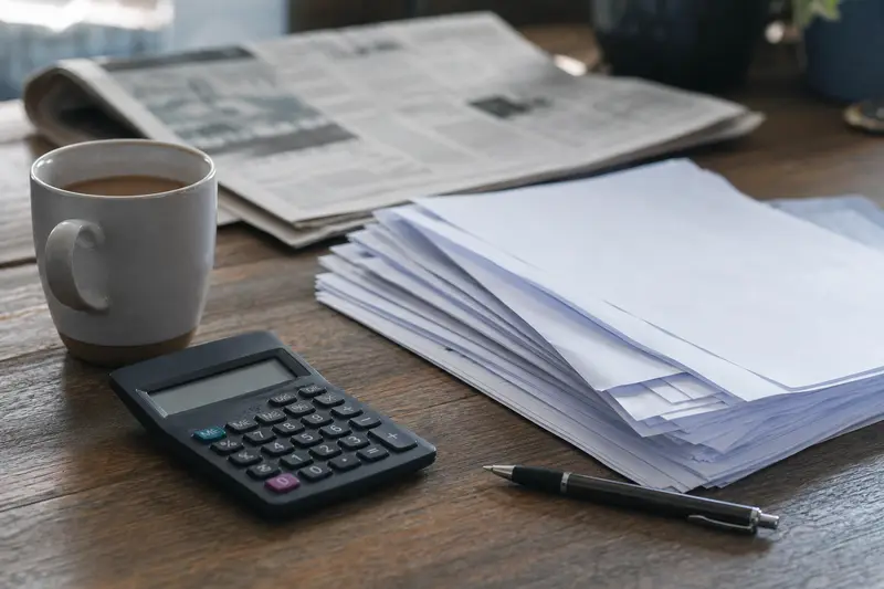 A folded newspaper, calculator, pen, paper invoices and a mug of tea on a wooden desk in morning light