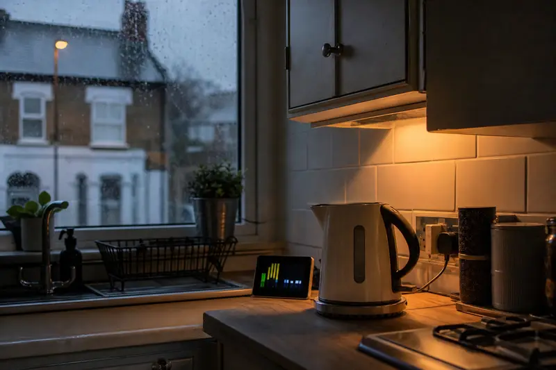 A kettle and a small energy display on a kitchen worktop on a rainy evening, terraced houses through the window