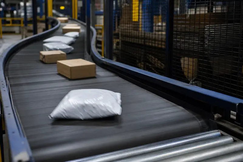 Small parcels and padded mailers on a sorting conveyor