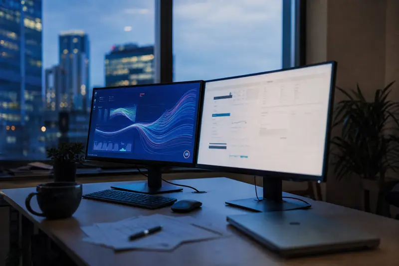 Two monitors showing data visualisations in an office at dusk