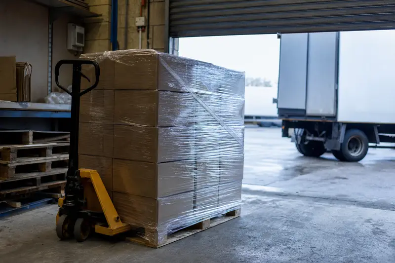 A wrapped pallet of boxes in a warehouse with a lorry waiting outside