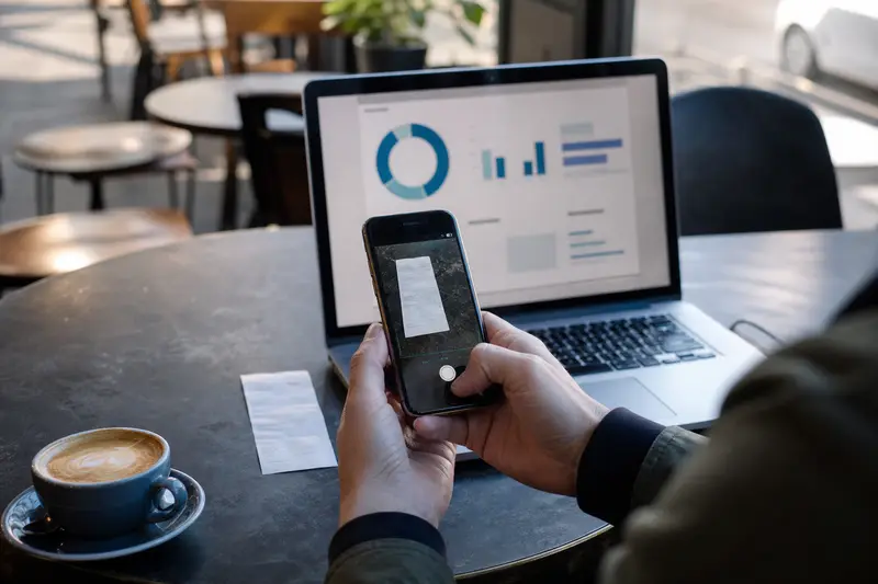 Hands photographing a receipt with a phone next to a laptop with accounting software