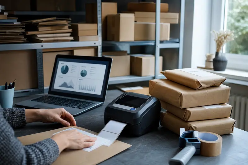 Hands sticking a printed label on a parcel beside a label printer, a stack of wrapped parcels and a laptop