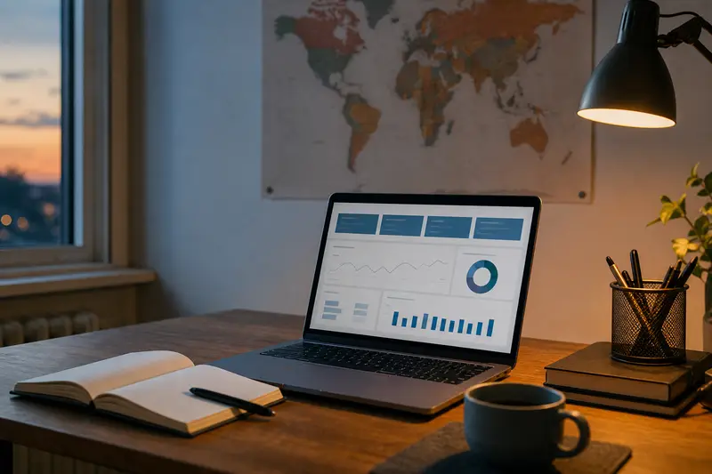 A laptop showing a dashboard on a home office desk, with a world map on the wall, a notebook and a cup of coffee at dusk