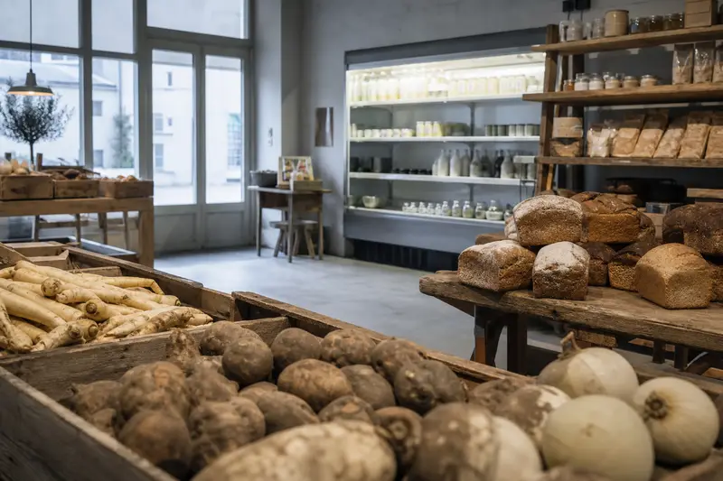 Root vegetables, rye bread and dairy in a Scandinavian grocery shop