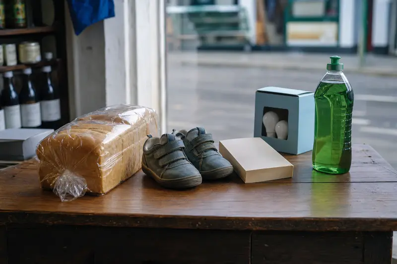 Bread, children's shoes, a book, light bulbs and washing-up liquid on a shop counter