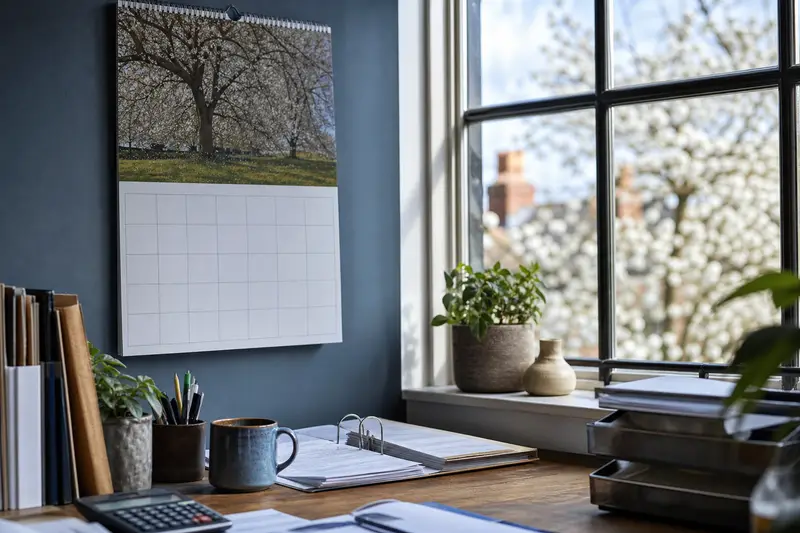A wall calendar above a small business desk in spring light