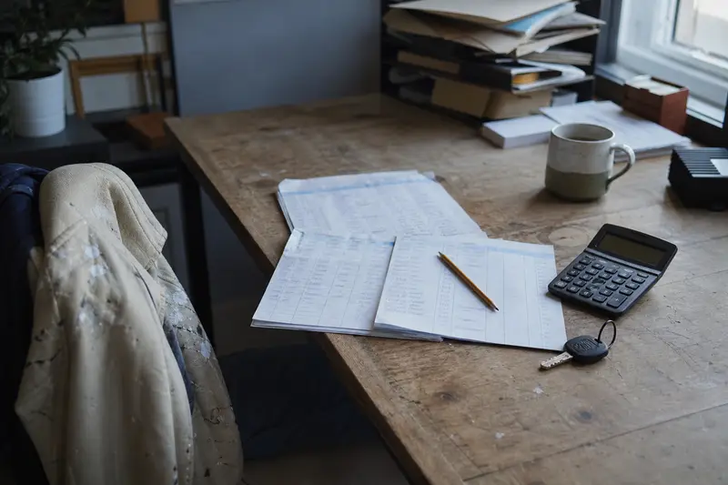 A decorator's desk with a handwritten sales ledger, pencil, calculator and van key