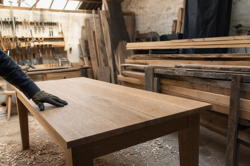 A finished oak table in a furniture maker's workshop with timber stacked behind